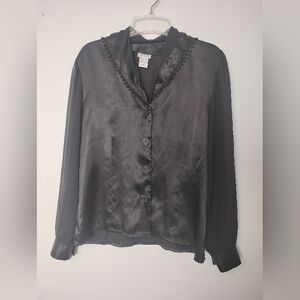 Vintage Nicola Satin Button Up Bead Shawl Collar Sheer Long Sleeve